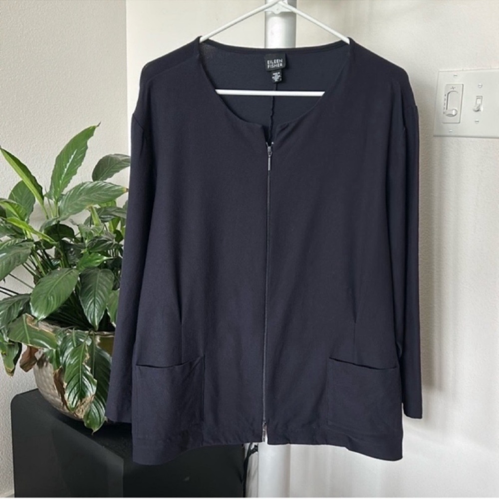 Eileen Fisher Knit zip up cardigan jacket Sz XL Viscose Navy Blue Crewneck